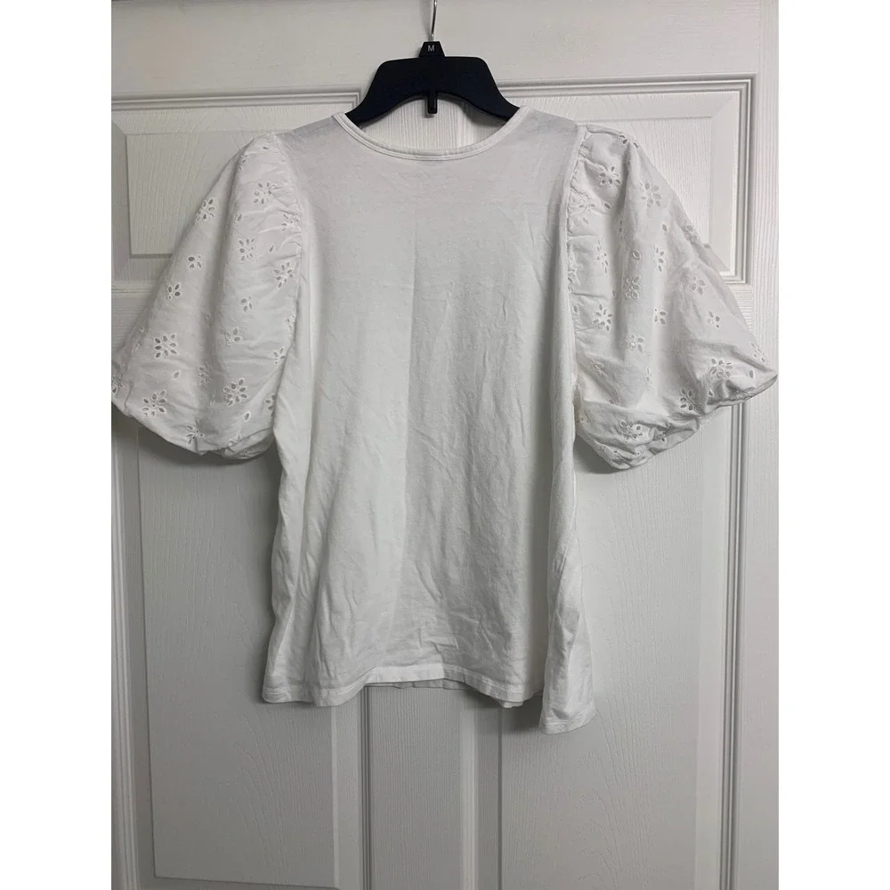 Old Navy White Eyelet Puff Sleeve Knit Top Blouse Large L‎ Cotton